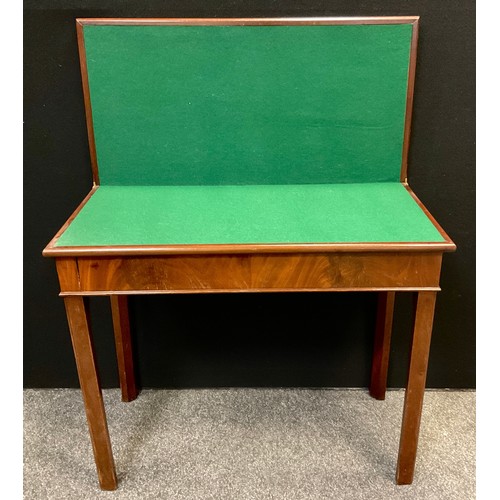 46 - A George III mahogany games/card table, fold over top, plain block legs, 73cm high, 89cm wide, 88cm ... 