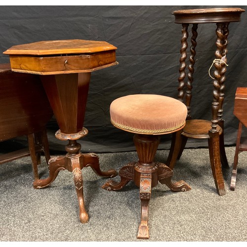 53 - A Victorian walnut rise-and-fall piano stool, upholstered circular seat, carved tripod base, c.1880;... 