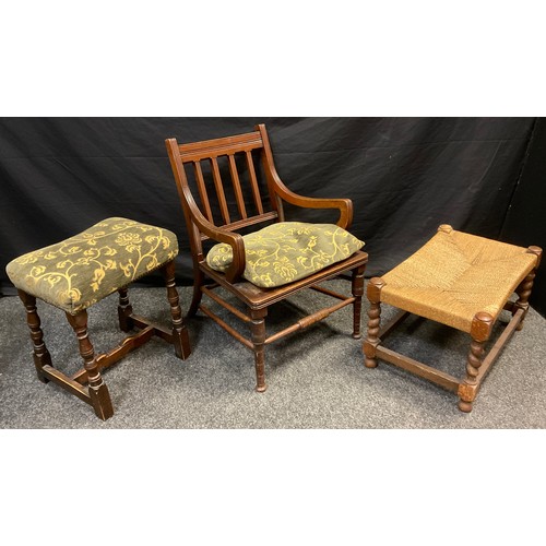 72 - A 19th century mahogany elbow chair, reeded square spindles, Bergere weave seat, turned legs and str... 