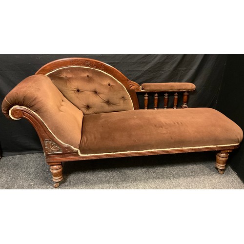 74 - A Victorian mahogany scroll-end Chaise Lounge, turned supports, ceramic casters, 94.5cm high (42cm a... 