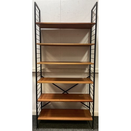 86 - A Ladderax six tier adjustable shelving unit, teak shelves, black supports, unmarked, 200.5cm high x... 