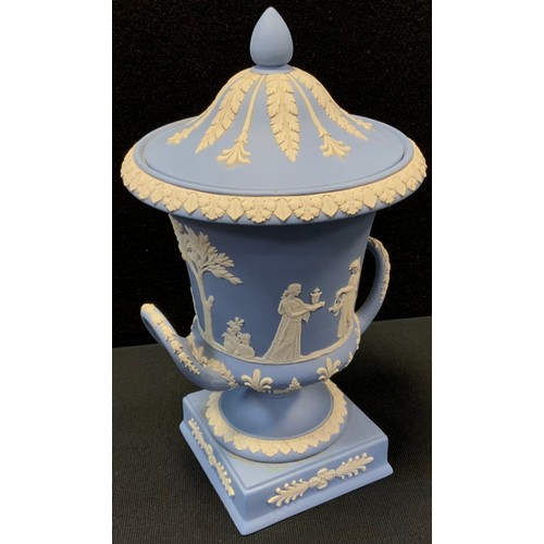 91 - A Wedgwood powder blue Jasperware twin handled urn & cover, 29cm high, impressed marks