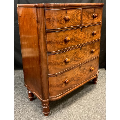 99 - An early Victorian flame mahogany bow-front chest of drawers, two short over three long graduated dr... 