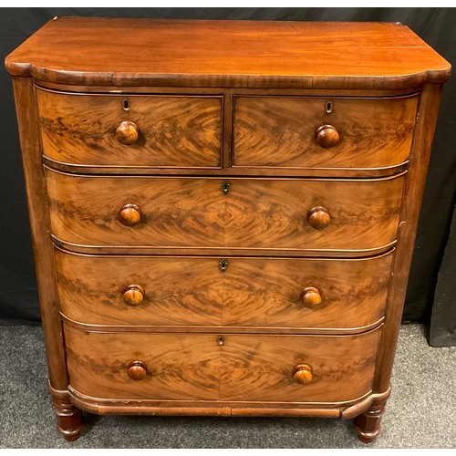 99 - An early Victorian flame mahogany bow-front chest of drawers, two short over three long graduated dr... 