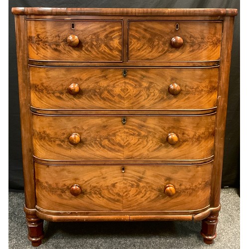 99 - An early Victorian flame mahogany bow-front chest of drawers, two short over three long graduated dr... 