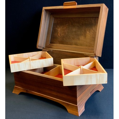 102 - An American Black Walnut Jewellery box, by Chris Barney, maple wood fitted interior, bracket feet, 1... 