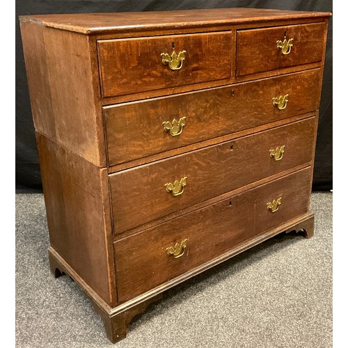 106 - A George III oak chest, two short over three long graduated drawers, brass swan-neck handles, bracke... 