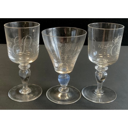 159 - William Wilson for Whitefriars a glass goblet, commemorating the RAF in WWII, engraved Never in the ... 