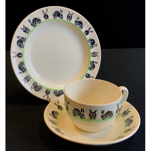 163 - An unusual Daisy Makeig Jones Wedgwood Rabbits pattern trio, cup, saucer and side plate, printed mar... 