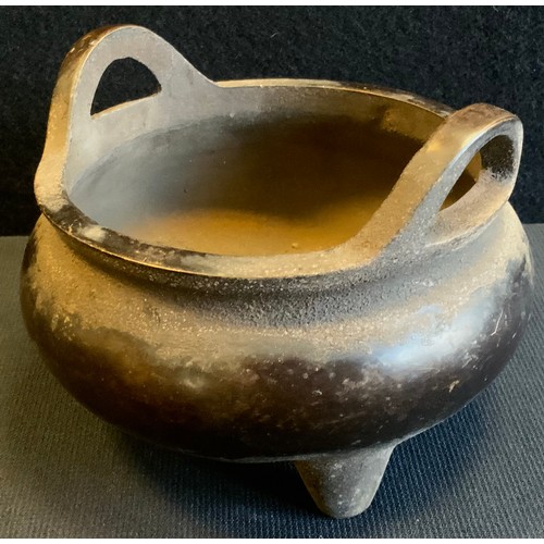 171 - A modern Chinese bronze coloured metal censer, tripod feet, impressed mark on base, 13.5cm wide