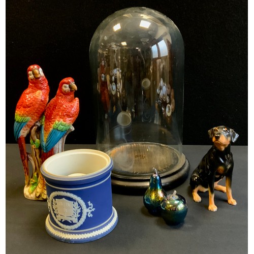 178 - John Beswick model Dobermann; continental figure group of parrots; glass display dome; etc