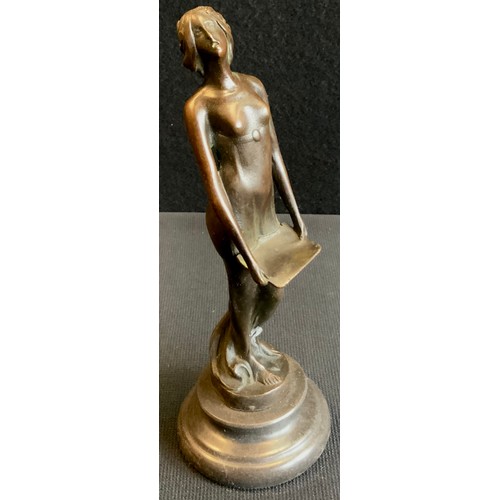 180 - A Bronzed art deco style figure of a semi nude lady singing mounted a stone plinth, 19cm high