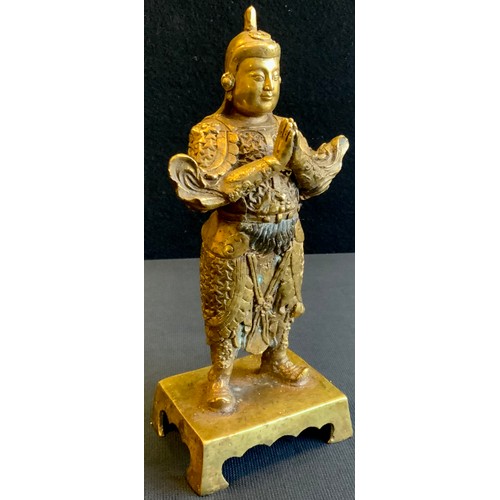 197 - A modern Gilt bronzed Chinese warrior figure standing on plinth,23cm high