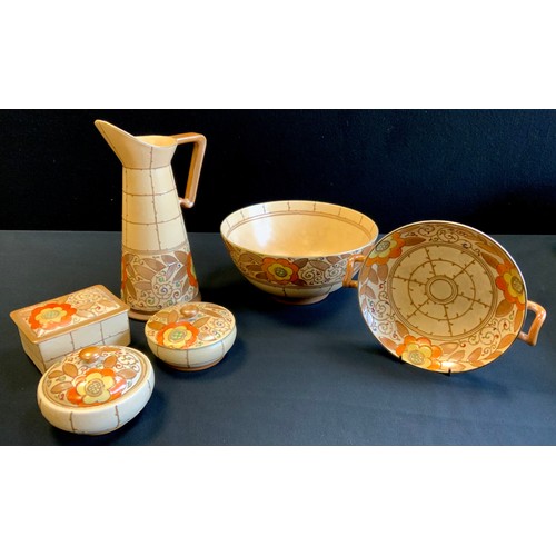 200 - A Charlotte Rhead Arabesque pattern jug, twin handle bowl, soap dish and cover, powder bowl and cove... 