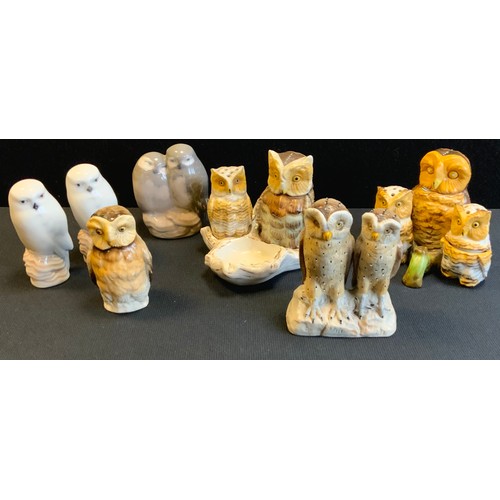 206 - A Royal Copenhagen pottery model Owls standing ;  others;  Conta & Boehme three piece Owl Cruet set,... 