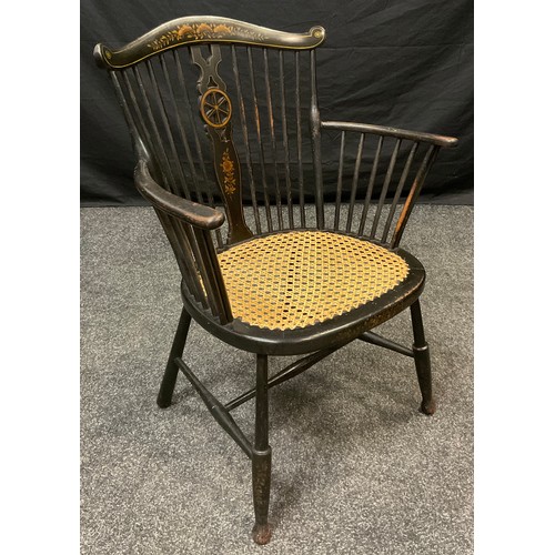 63A - An Edwardian ebonised and painted Windsor chair, Bergere weave seat, H-stretcher, turned legs, 81cm ... 