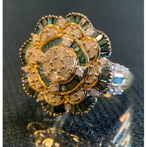 455 - A diamond and blue stone floral cluster ring, 9ct gold shank, stamped 375, 4.17, 10K, size N/O, 6.0g... 