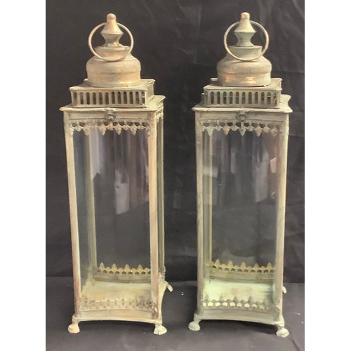 773 - A pair of large verdigris brass square lanterns or indoor greenhouse cloches, each 51cm high (2)