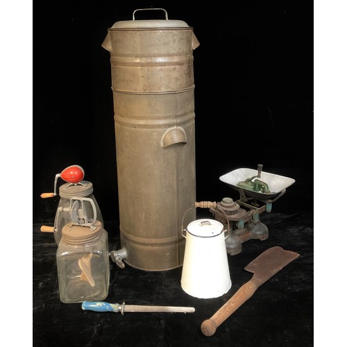 786 - Kitchenalia - a floor standing honey ripener with cover; a cream/butter churn; another; a set of kit... 