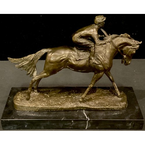 937 - On The Gallops, Lester Piggott, a dark patinated bronze, black marble base, 30cm wide