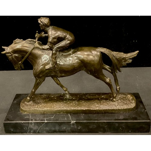 937 - On The Gallops, Lester Piggott, a dark patinated bronze, black marble base, 30cm wide