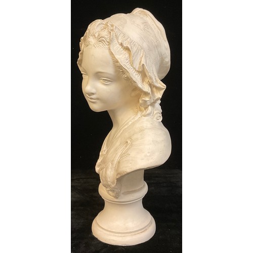 50 - A large plaster bust, of a young girl wearing a bonnet, 43cm high