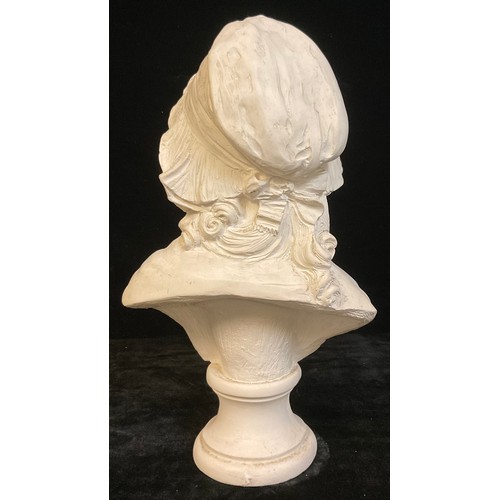 50 - A large plaster bust, of a young girl wearing a bonnet, 43cm high