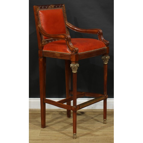 114 - A 19th century style gilt metal mounted cocktail or bar chair, 116.5cm high, 56.5cm wide, the seat 4... 