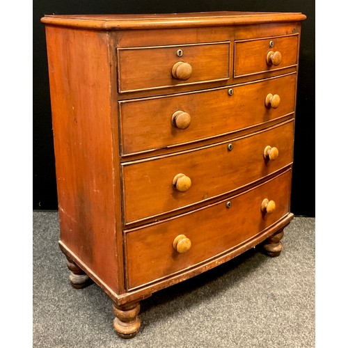 61 - A Victorian mahogany bow-front chest of drawers, two short over three long graduated drawers, turned... 