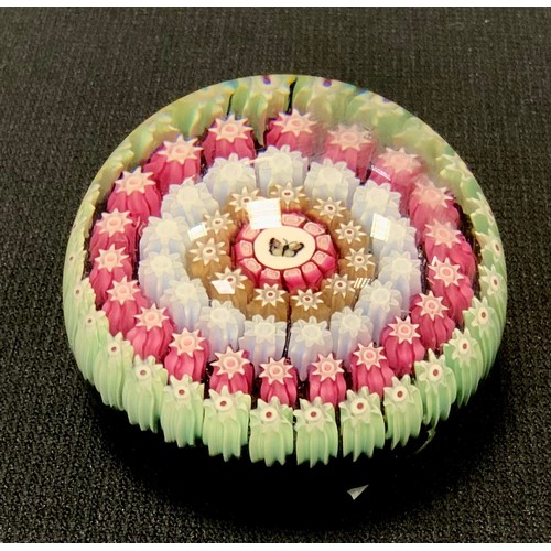 381 - Perthshire paperweight millefiori with concentric rings of pastel coloured starburst, with a motif o... 