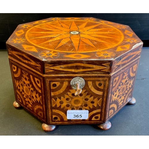 365 - A mahogany and walnut marquetry inlaid octagonal shaped sewing/work box