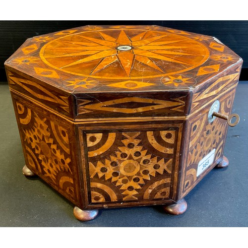 365 - A mahogany and walnut marquetry inlaid octagonal shaped sewing/work box