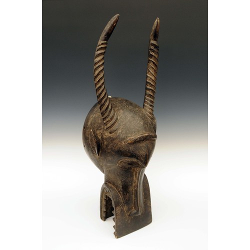 95 - A Senufo Waniugo helmet mask, carved with warthog tusks, crocodile jaws and antelope horns, 78cm hig... 