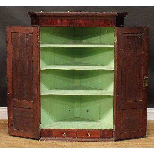 228 - A 19th century mahogany splay front corner cabinet, moulded cornice above a pair of panel doors, enc... 