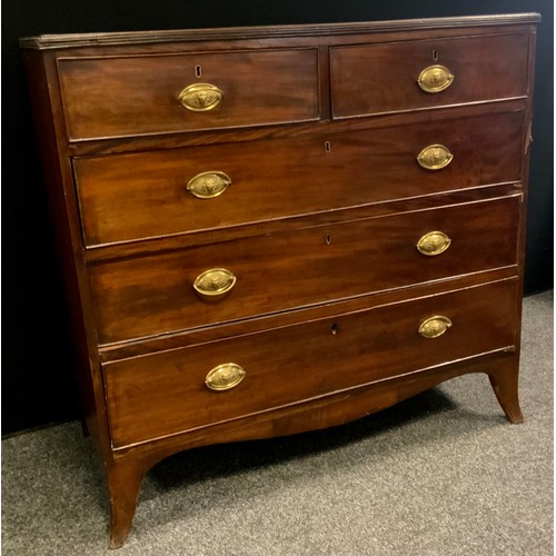 281 - A 19th century mahogany chest of two short over three long drawers, brass oval handles, slayed feet,... 