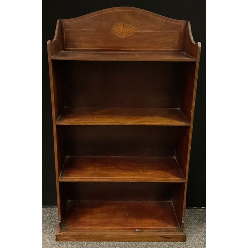 276 - A Sheraton Revival satinwood banded mahogany and marquetry open bookcase, 96cm high x 54cm wide.