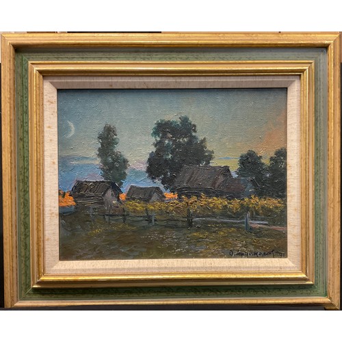 51 - Russian school, 20th century,
‘Farmstead by moonlight’,
indistinctly signed (O. Apqumacof ?), oil on... 