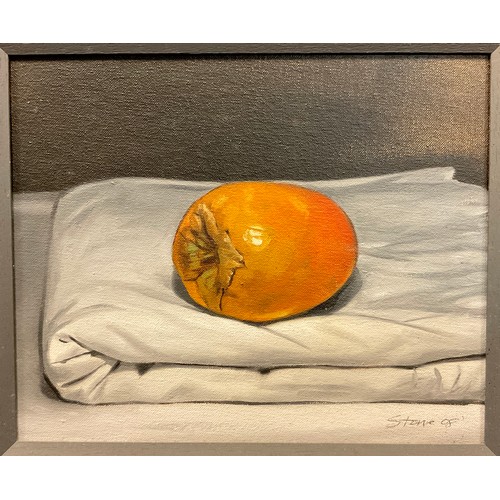 124 - Paul Stone (Contemporary British) 
Ripe Mango on folded linen
Signed, oil on board, 22cm x 26.5cm.