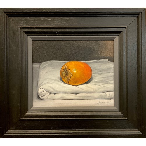 124 - Paul Stone (Contemporary British) 
Ripe Mango on folded linen
Signed, oil on board, 22cm x 26.5cm.