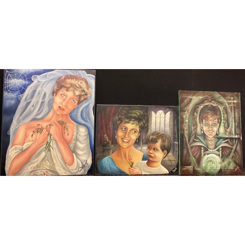 242 - Michael Burke, a set of three, 'Mystic Di', 'Veil of despair', and 'Sweet sorrow', signed, oils on c... 