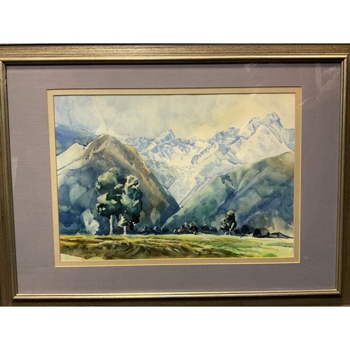 119 - Geoff Milne, Towards the high mountains, signed, watercolour, 41cm x 58cm.