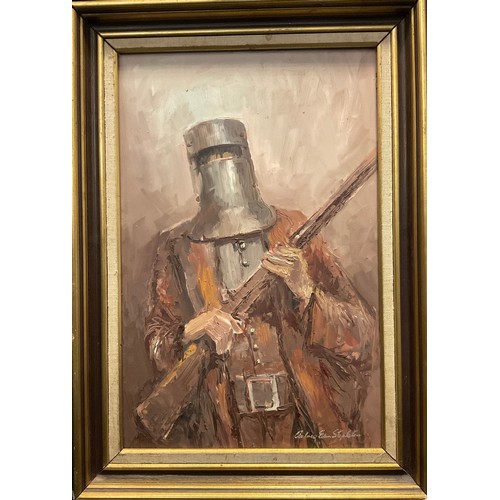 105 - Aubrey Eden Stapleton (1923-1994), 
Armoured Musketeer, 
signed, oil on board, 45cm x 29.5cm.