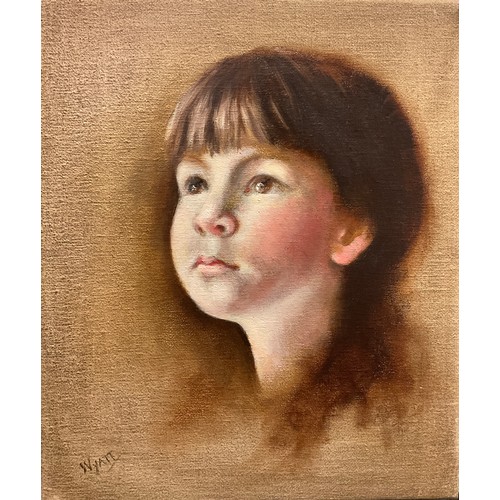 98 - Joyce Wyatt (bn. 1940), Portrait of a young girl, signed, oil on canvas, 38cm x 30.5cm;  another sim... 