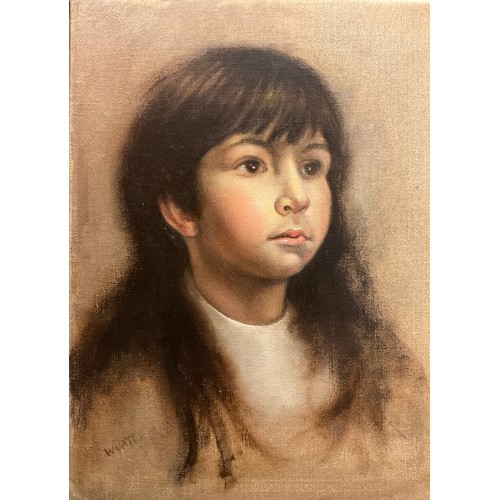 98 - Joyce Wyatt (bn. 1940), Portrait of a young girl, signed, oil on canvas, 38cm x 30.5cm;  another sim... 