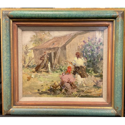 44 - Continental school, Impressionist Landscape with figures, indistinctly signed, oil on board, inscrip... 