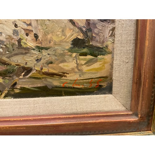 44 - Continental school, Impressionist Landscape with figures, indistinctly signed, oil on board, inscrip... 