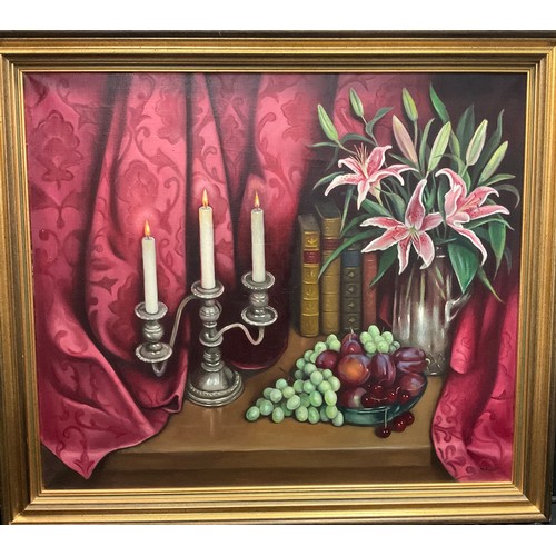 231 - Joyce Wyatt (bn. 1940), 
Still life - Drapery, fruit, and flowers, by candlelight, 
signed, oil on c... 