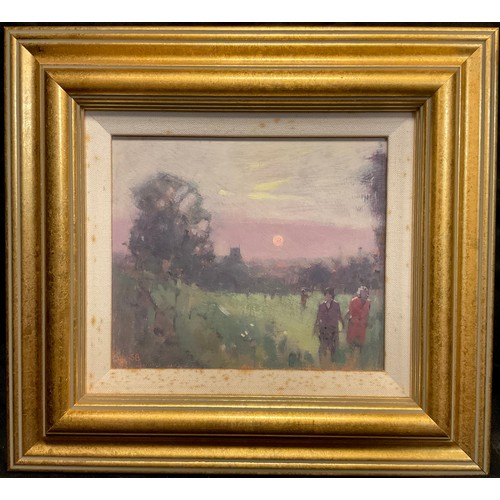 43 - Modern English school, Figures at dusk, signed SB, oil on board, 15cm x 17cm.