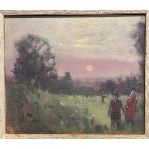 43 - Modern English school, Figures at dusk, signed SB, oil on board, 15cm x 17cm.