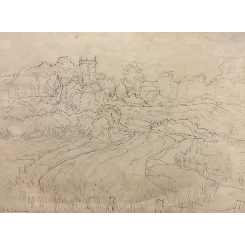 131 - After L. S. Lowry, Church and meandering river, working pencil sketch, bears signature, dated 1960, ... 